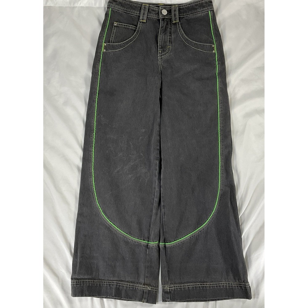 A.LAB Mega Green Piped Overheat Black Baggy Jeans Street Wear Sz 26 506